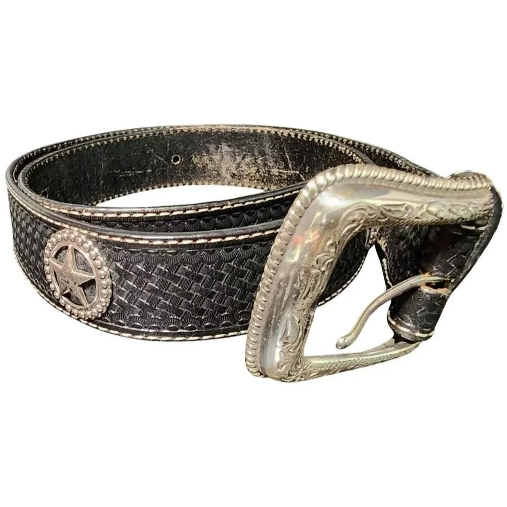 Cavenders Black Leather Belt Silver Stars Size 36